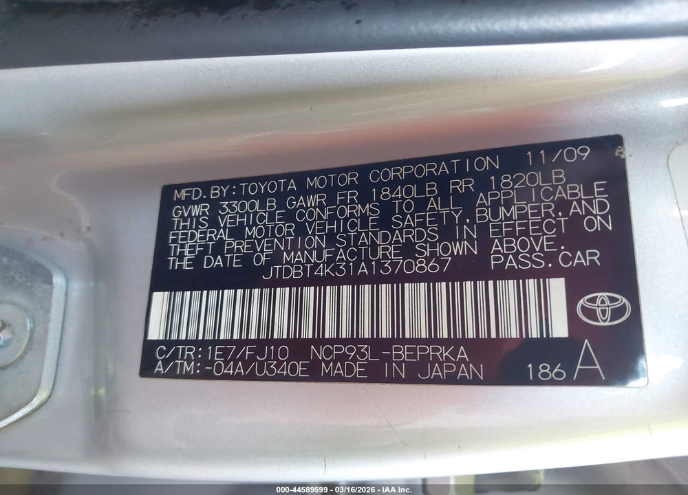 2010 TOYOTA YARIS VIN: JTDBT4K31A1370867