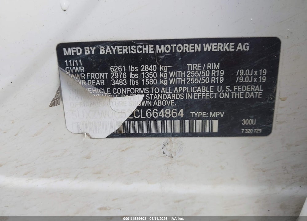 2012 BMW X5 XDRIVE35D VIN: 5UXZW0C52CL664864