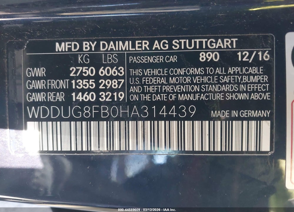 2017 MERCEDES-BENZ S 550 4MATIC VIN: WDDUG8FB0HA314439