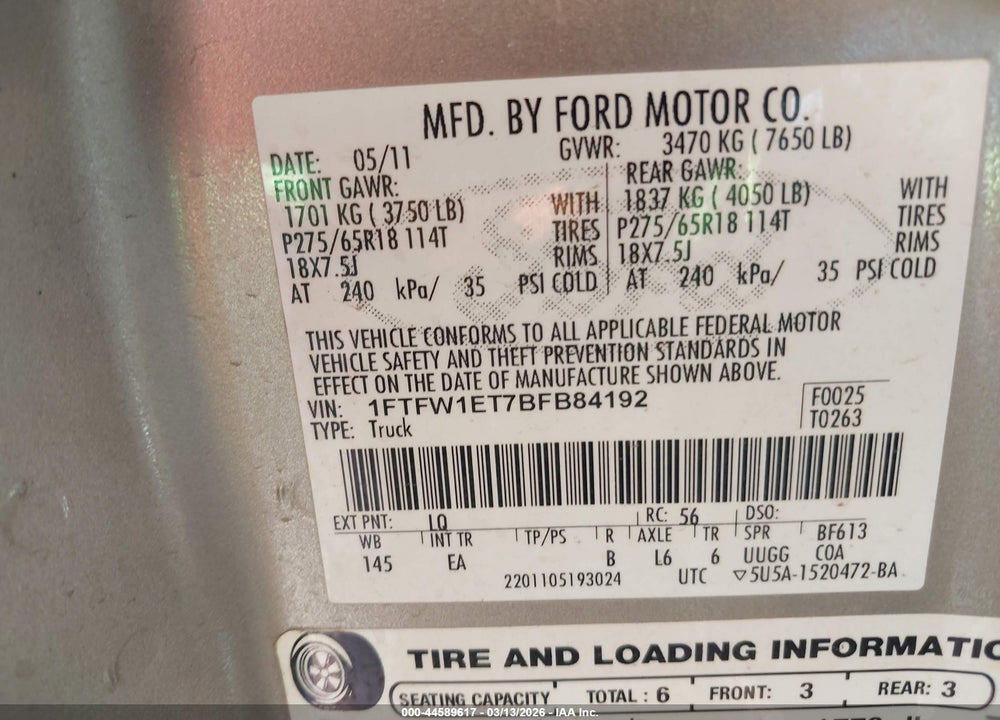 2011 FORD F-150 LARIAT VIN: 1FTFW1ET7BFB84192