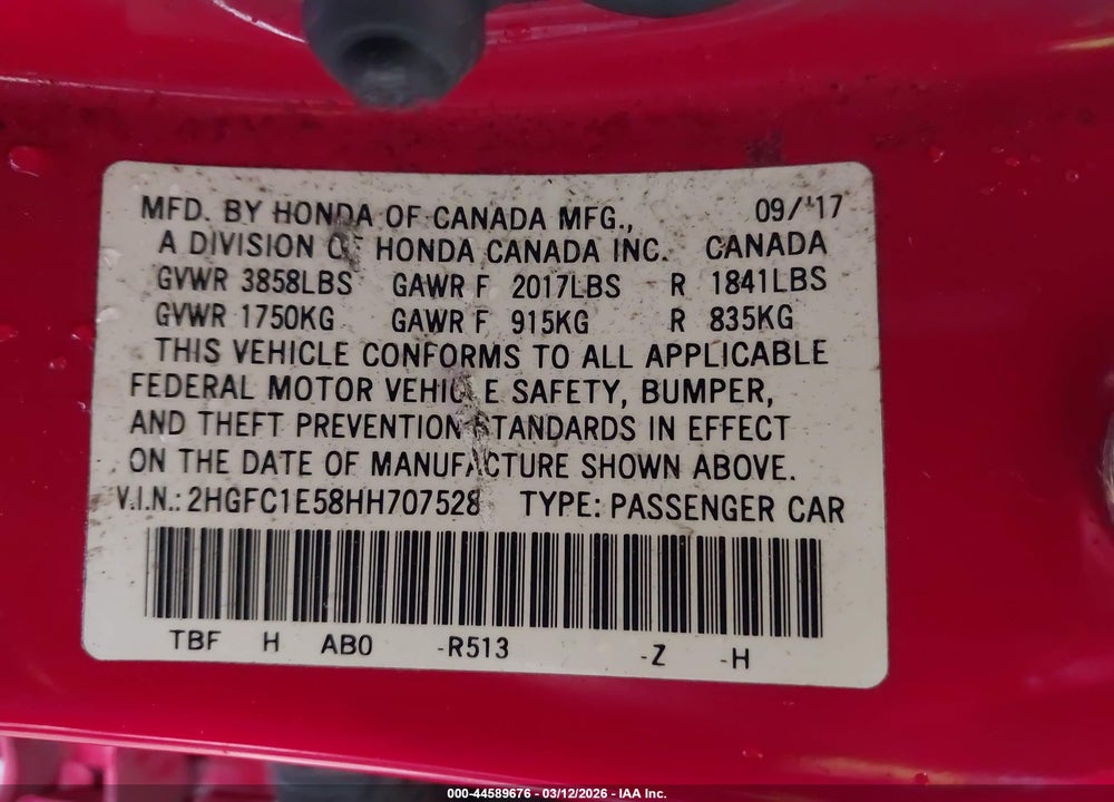 2017 HONDA CIVIC SI VIN: 2HGFC1E58HH707528
