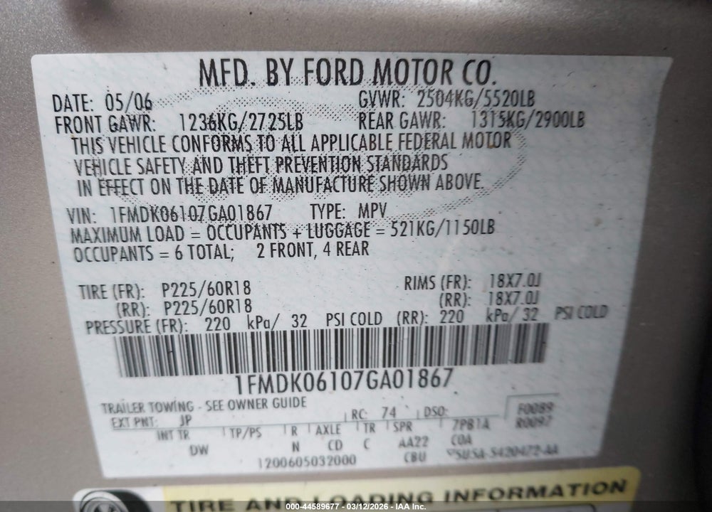 2007 FORD FREESTYLE LIMITED VIN: 1FMDK06107GA01867