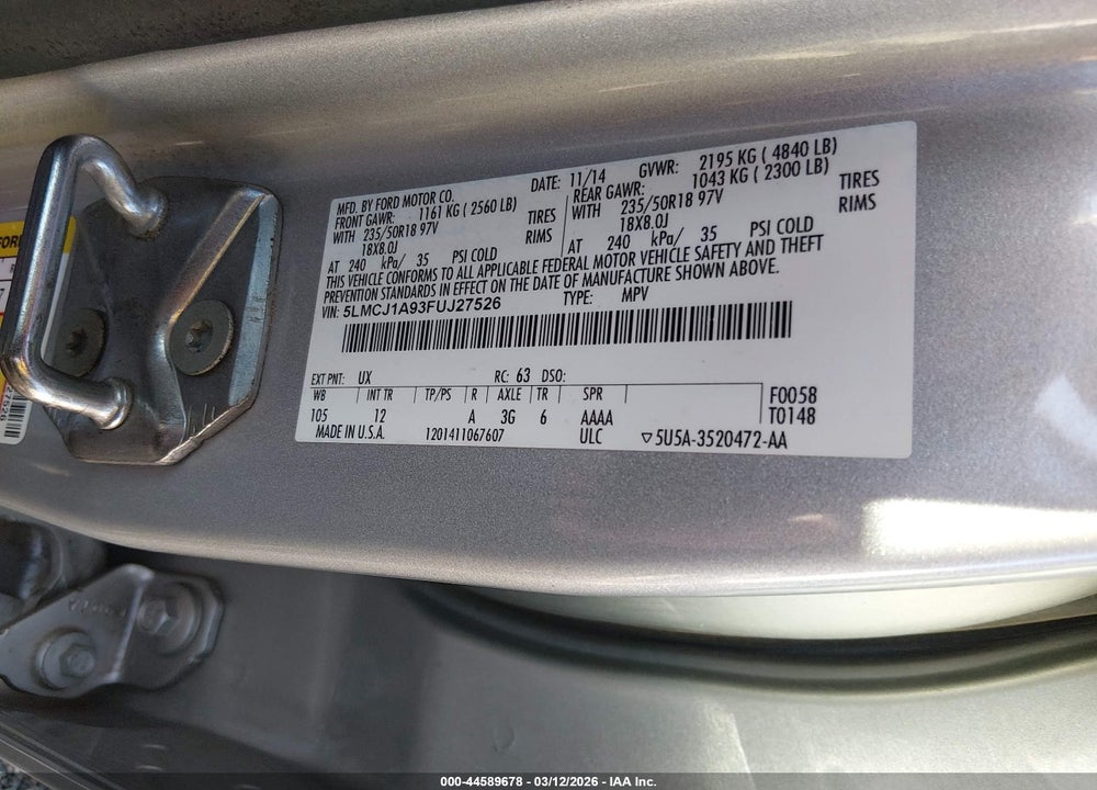 2015 LINCOLN MKC VIN: 5LMCJ1A93FUJ27526