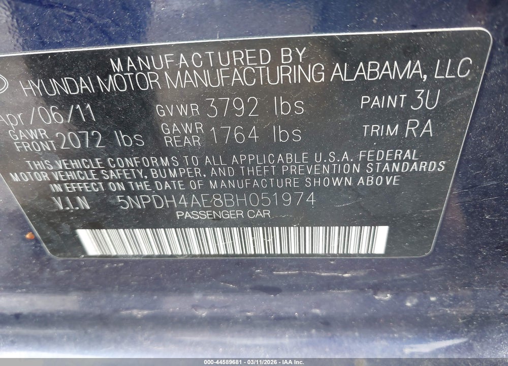 2011 HYUNDAI ELANTRA GLS VIN: 5NPDH4AE8BH051974