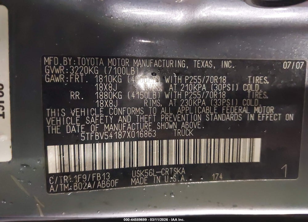 2007 TOYOTA TUNDRA SR5 5.7L V8 VIN: 5TFBV54187X016863