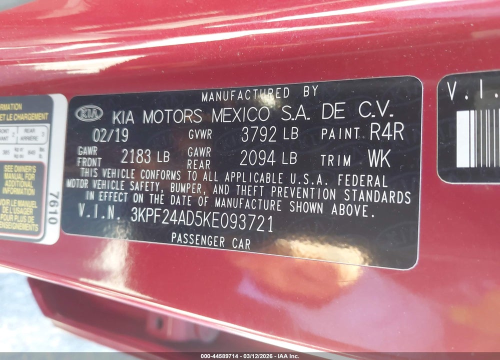 2019 KIA FORTE LXS VIN: 3KPF24AD5KE093721
