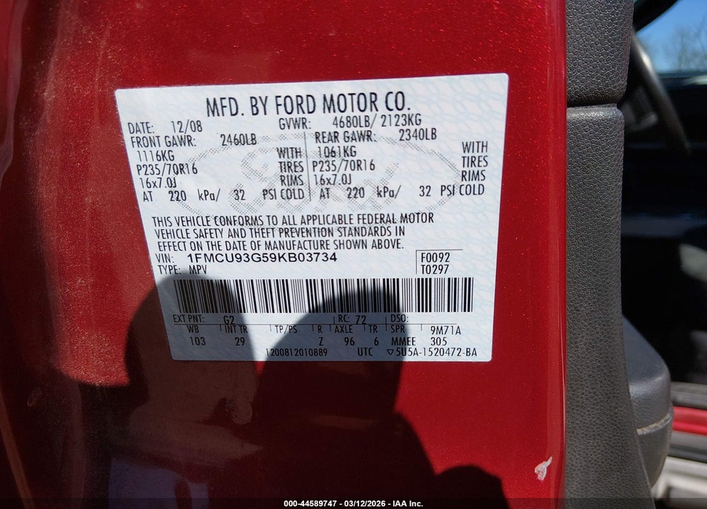 2009 FORD ESCAPE XLT VIN: 1FMCU93G59KB03734