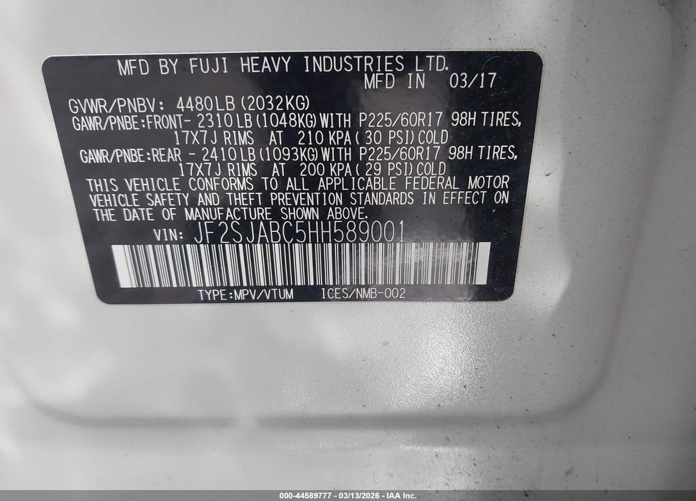 2017 SUBARU FORESTER 2.5I VIN: JF2SJABC5HH589001