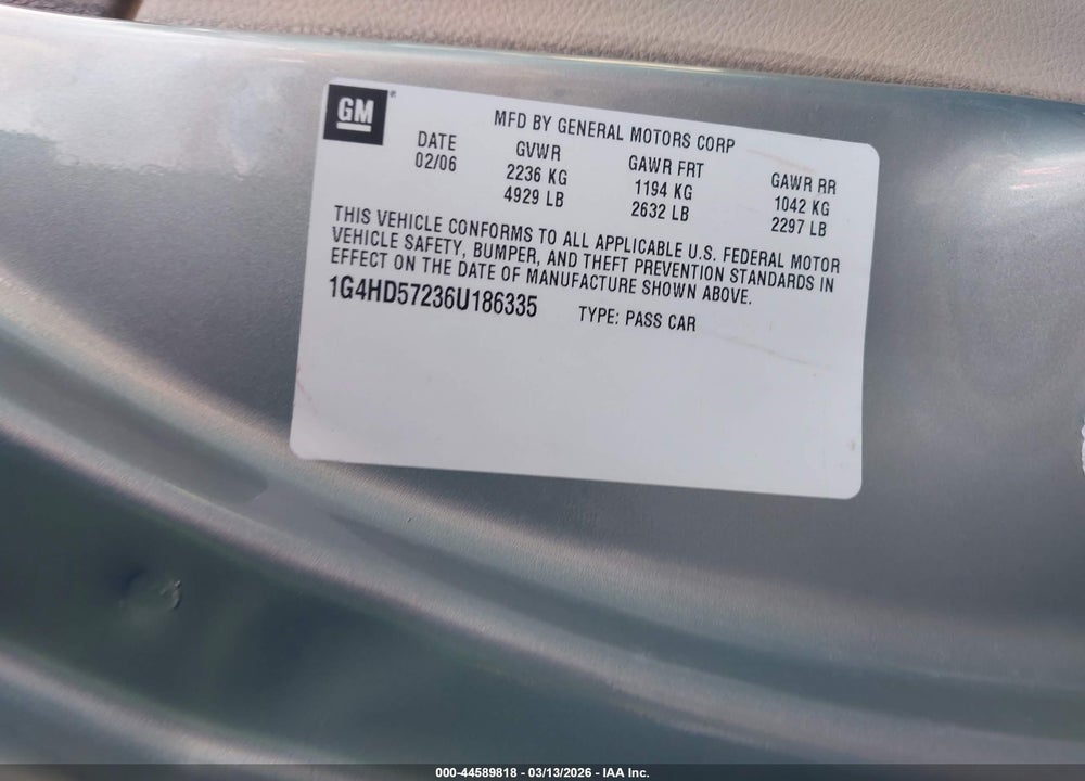 2006 BUICK LUCERNE CXL VIN: 1G4HD57236U186335