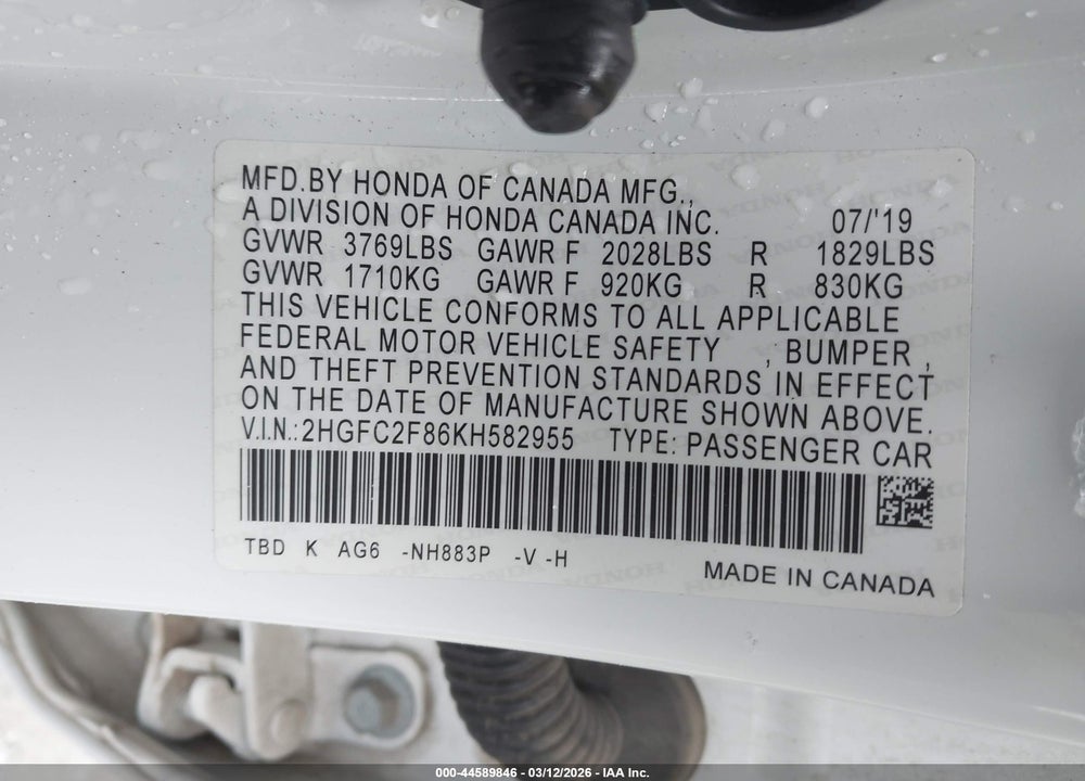 2019 HONDA CIVIC SPORT VIN: 2HGFC2F86KH582955