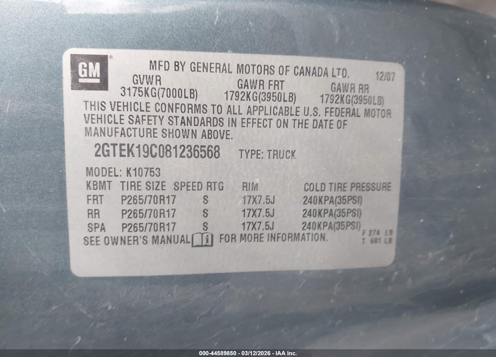 2008 GMC SIERRA 1500 WORK TRUCK VIN: 2GTEK19C081236568