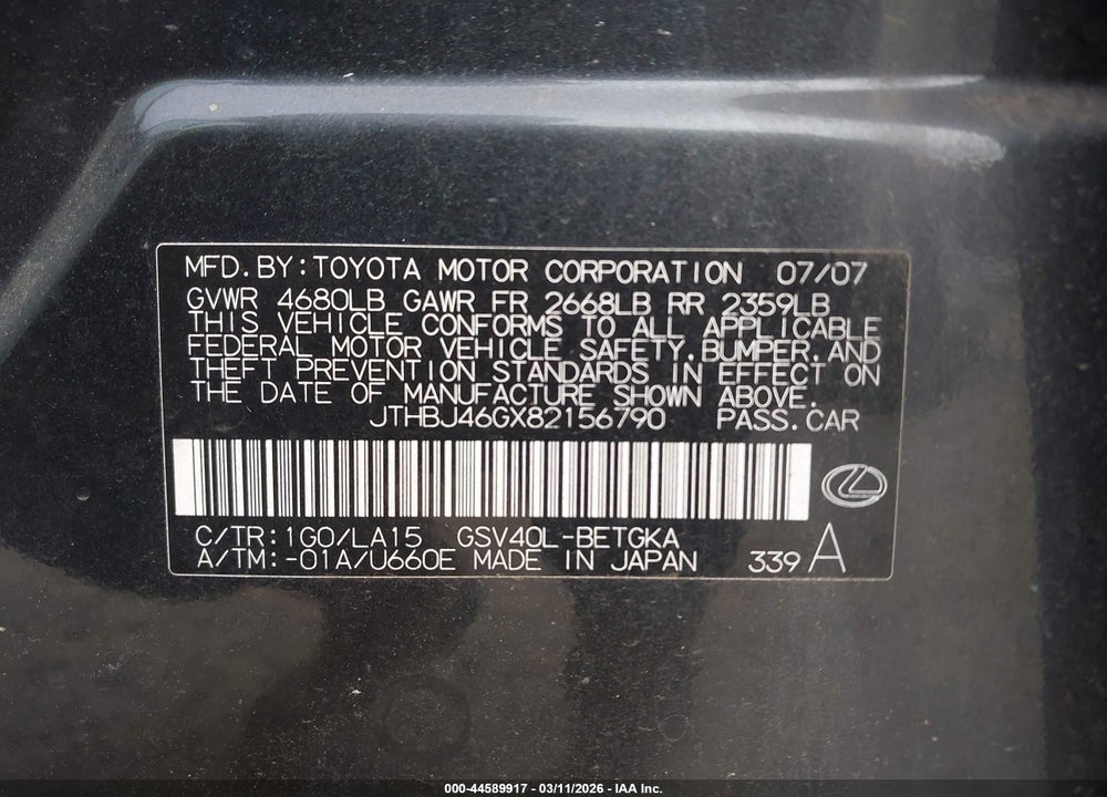 2008 LEXUS ES 350 VIN: JTHBJ46GX82156790