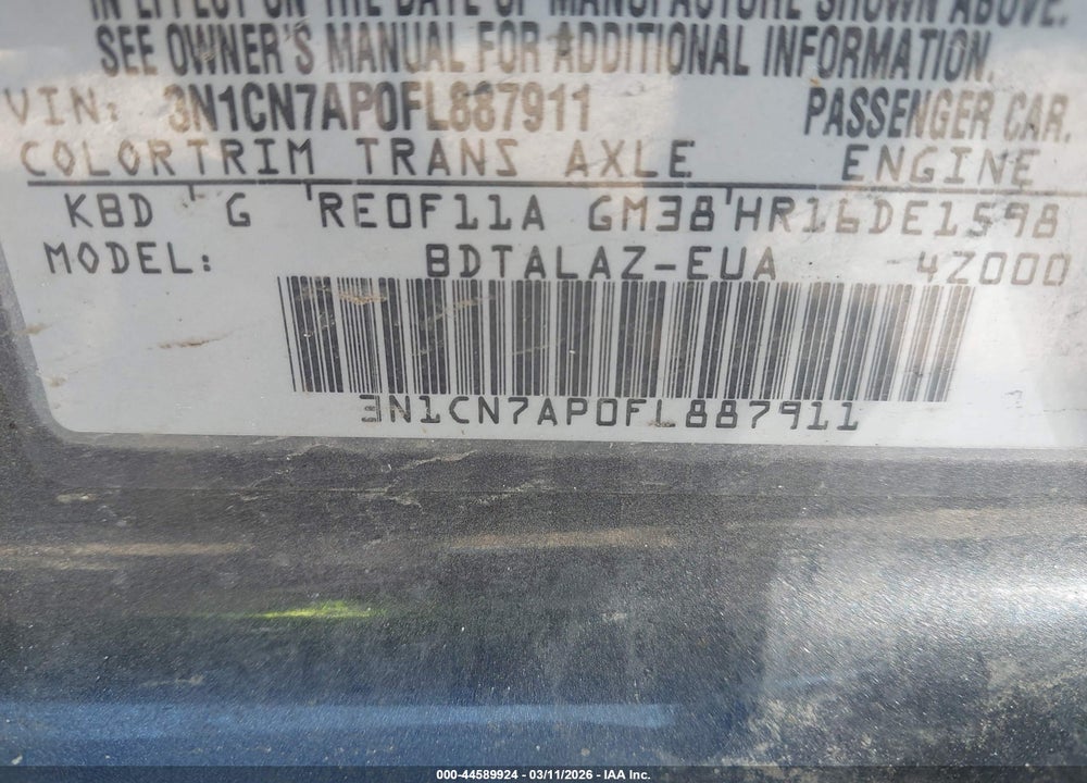 2015 NISSAN VERSA 1.6 S+ VIN: 3N1CN7AP0FL887911