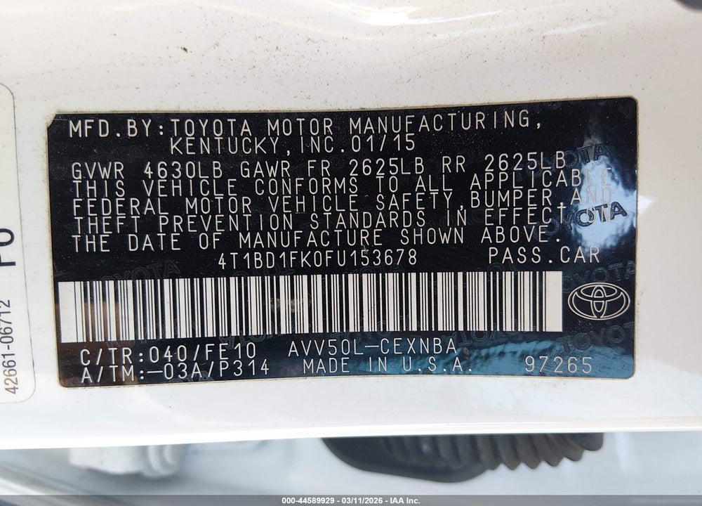 2015 TOYOTA CAMRY HYBRID LE VIN: 4T1BD1FK0FU153678