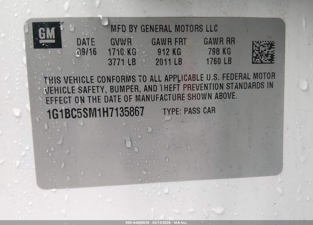 2017 CHEVROLET CRUZE LS AUTO VIN: 1G1BC5SM1H7135867