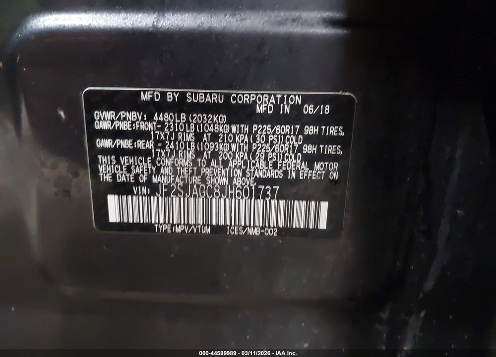 2018 SUBARU FORESTER 2.5I PREMIUM VIN: JF2SJAGC8JH601737