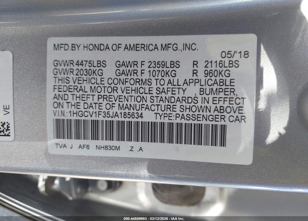 2018 HONDA ACCORD SPORT VIN: 1HGCV1F35JA185634