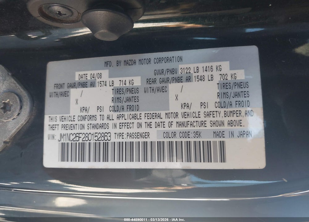 2008 MAZDA MX-5 TOURING VIN: JM1NC26F280152863