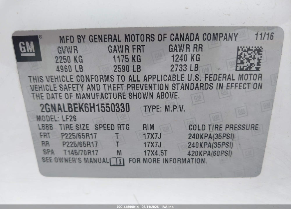 2017 CHEVROLET EQUINOX LS VIN: 2GNALBEK6H1550330