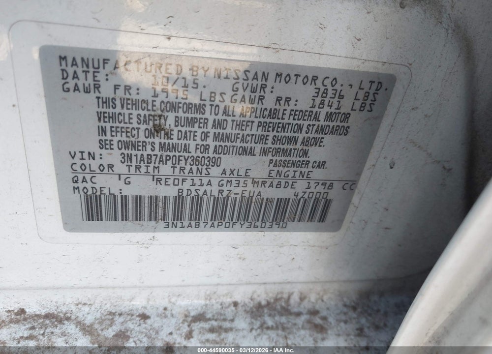 2015 NISSAN SENTRA SR VIN: 3N1AB7AP0FY360390