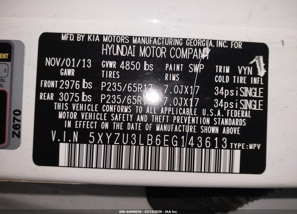 2014 HYUNDAI SANTA FE SPORT 2.4L VIN: 5XYZU3LB6EG143613
