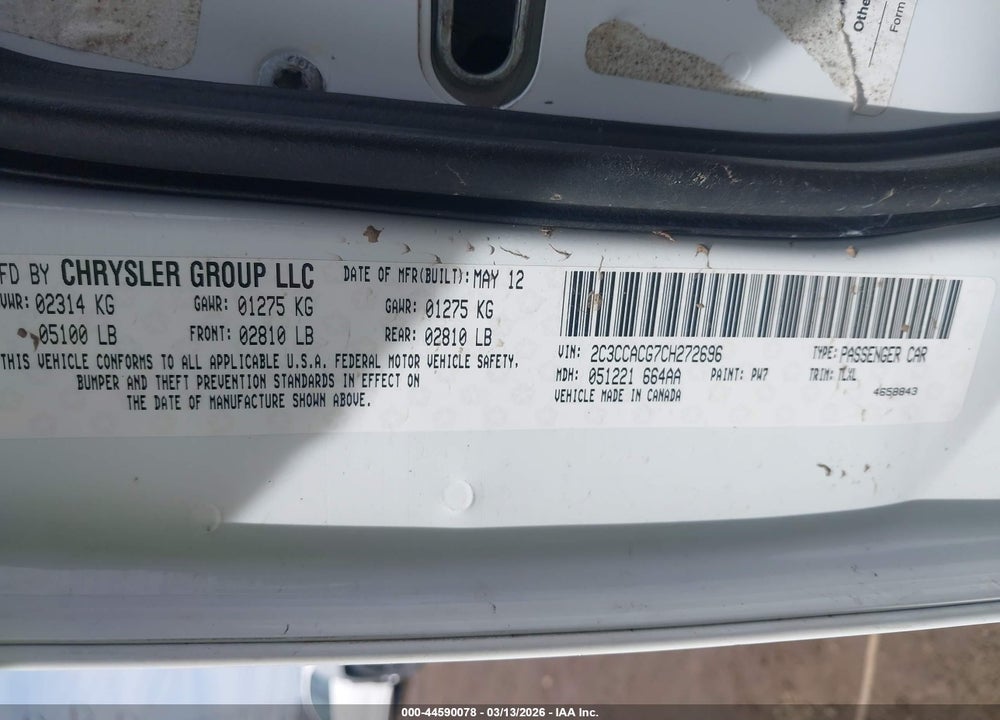 2012 CHRYSLER 300 LIMITED VIN: 2C3CCACG7CH272696
