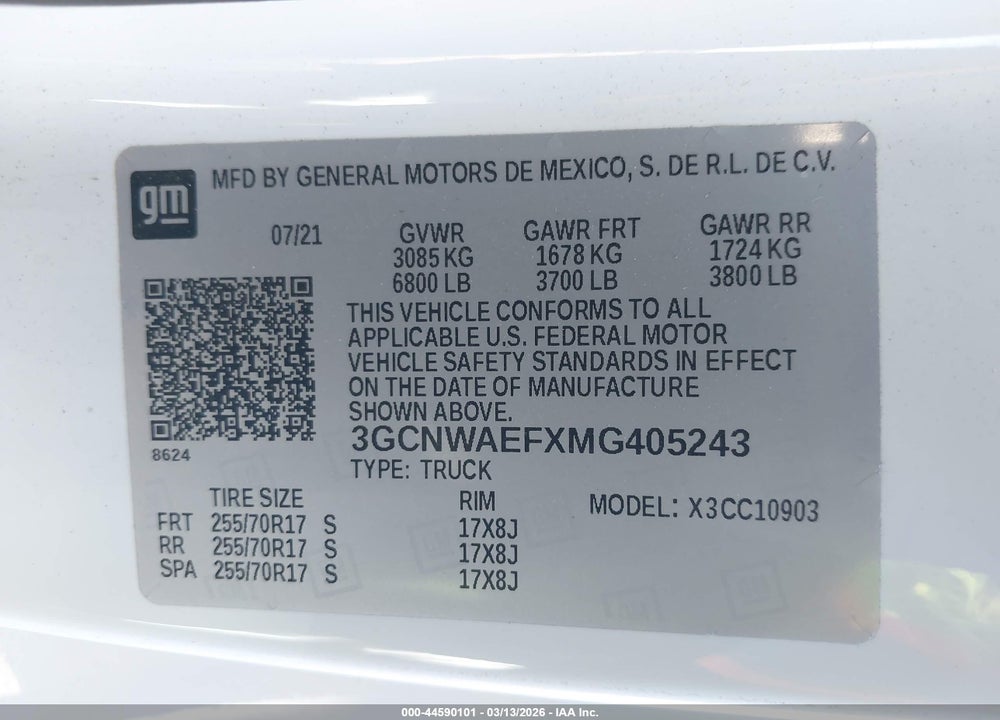 2021 CHEVROLET SILVERADO 1500 2WD  LONG BED WT VIN: 3GCNWAEFXMG405243
