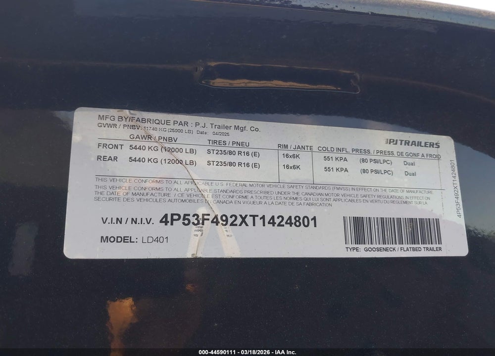 2026 PJ TRAILERS UNKNOWN VIN: 4P53F492XT1424801