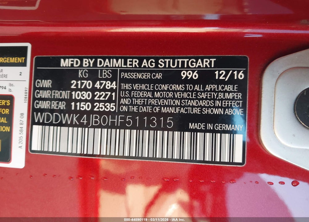 2017 MERCEDES-BENZ C 300 VIN: WDDWK4JB0HF511315