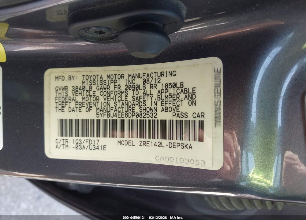2013 TOYOTA COROLLA S VIN: 5YFBU4EE6DP082532