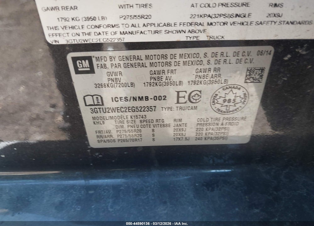 2014 GMC SIERRA 1500 DENALI VIN: 3GTU2WEC2EG522357
