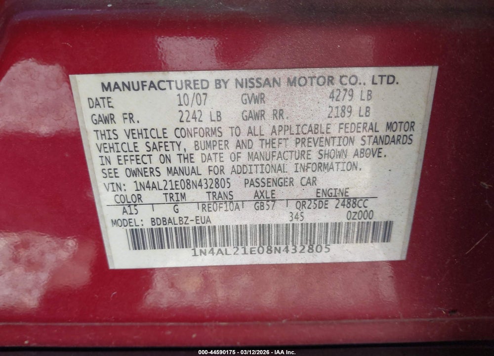 2008 NISSAN ALTIMA 2.5 S VIN: 1N4AL21E08N432805