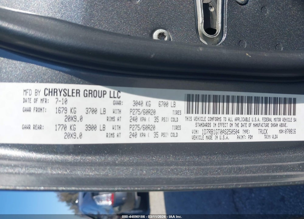 2010 DODGE RAM 1500 LARAMIE VIN: 1D7RB1GT0AS250504