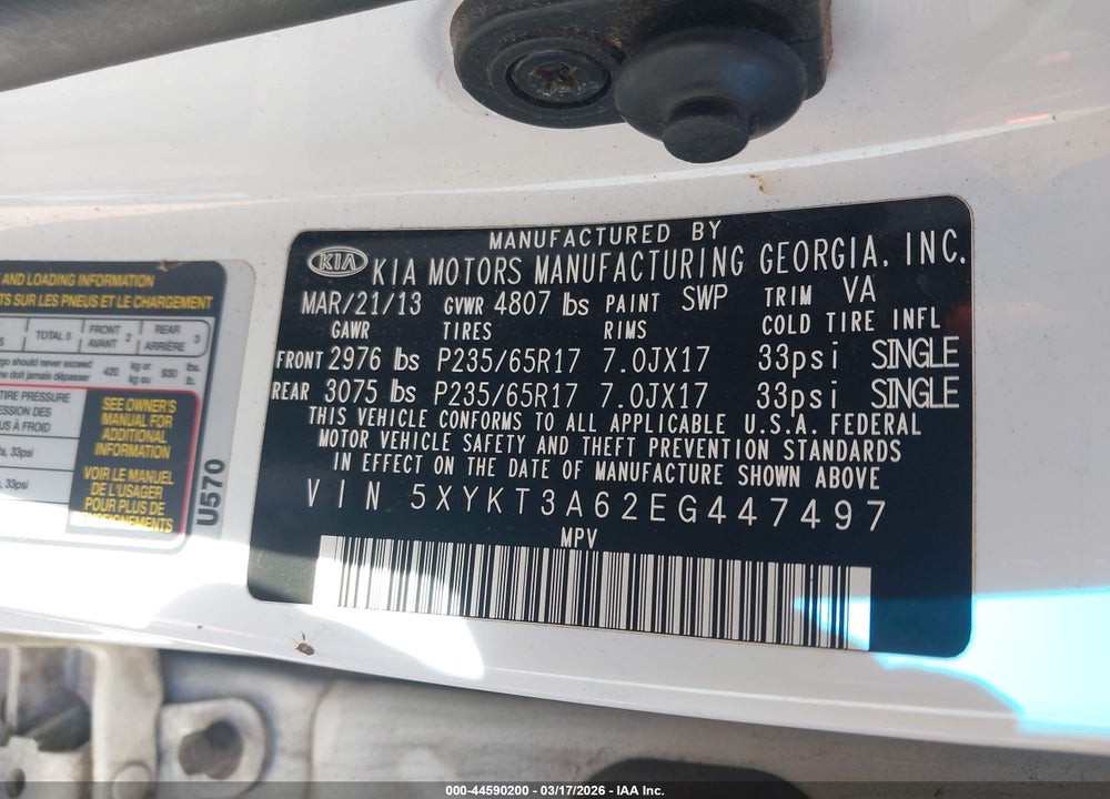 2014 KIA SORENTO LX VIN: 5XYKT3A62EG447497