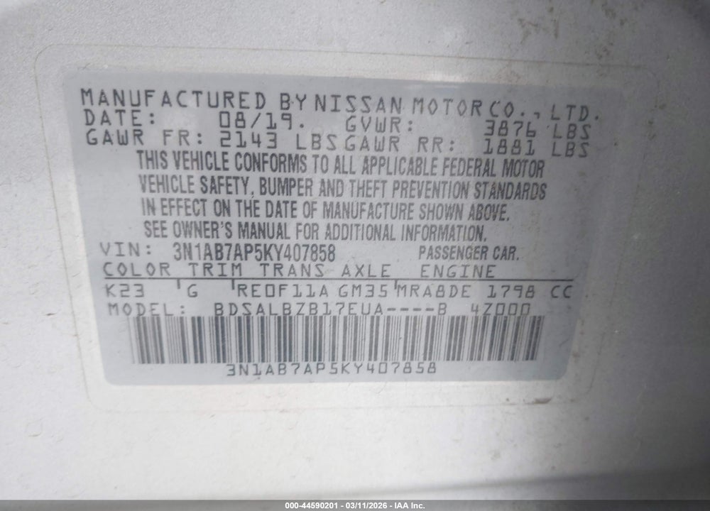 2019 NISSAN SENTRA S VIN: 3N1AB7AP5KY407858