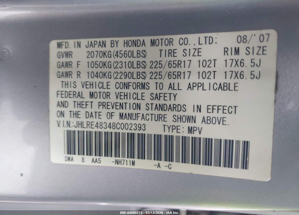 2008 HONDA CR-V LX VIN: JHLRE48348C002393