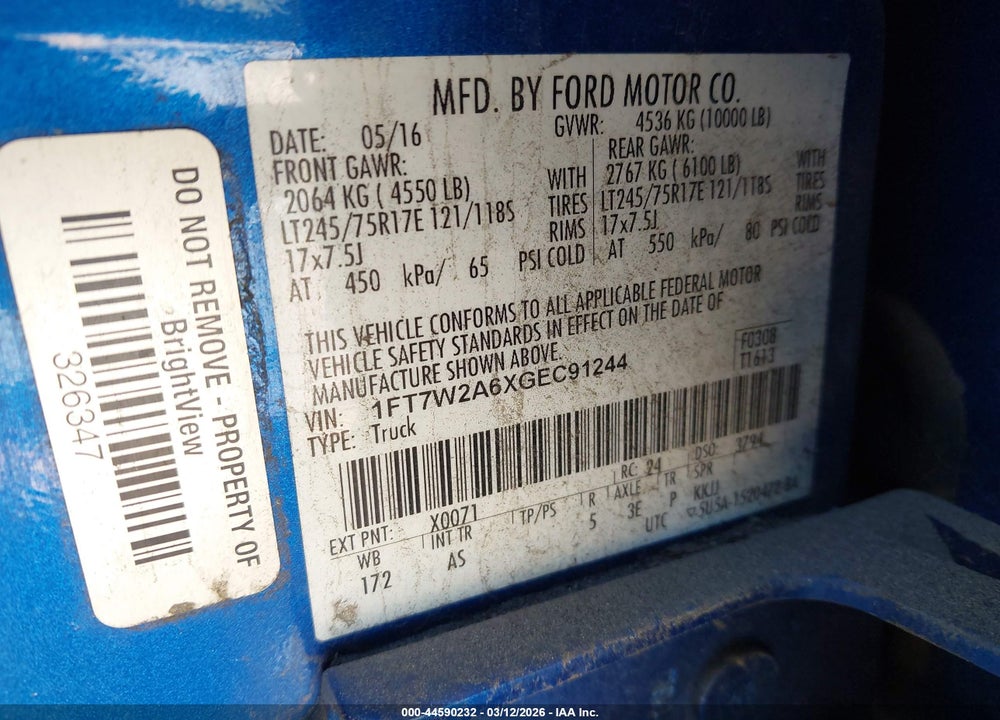 2016 FORD F-250 XL VIN: 1FT7W2A6XGEC91244