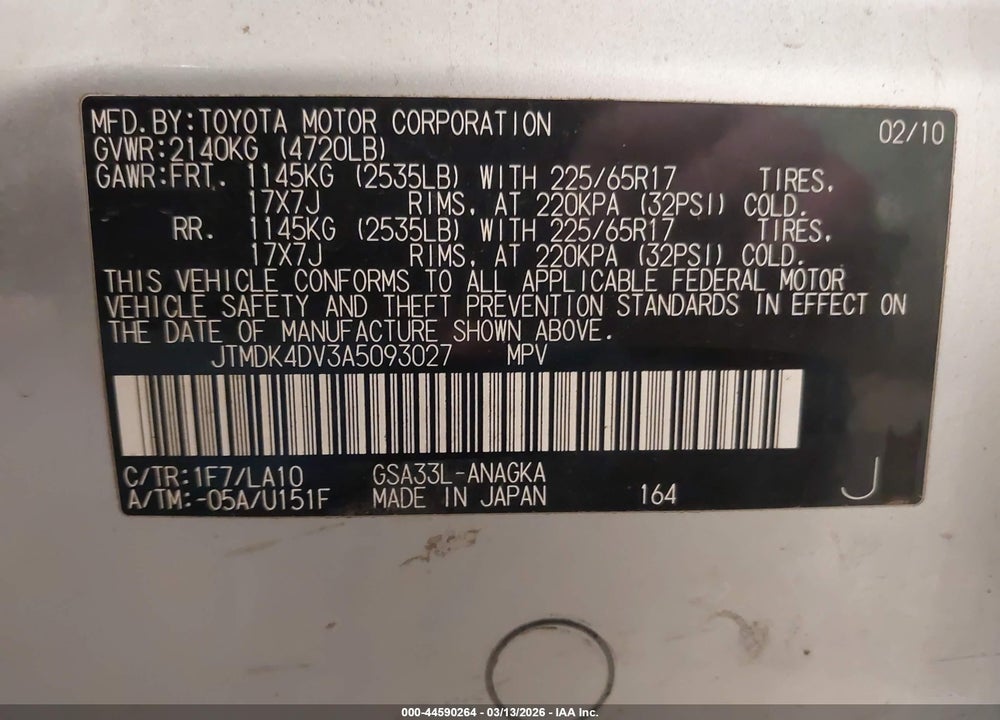 2010 TOYOTA RAV4 LIMITED V6 VIN: JTMDK4DV3A5093027