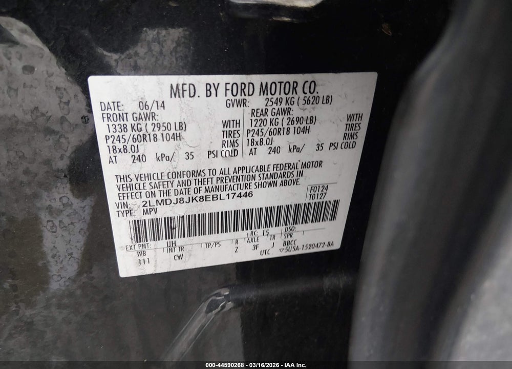 2014 LINCOLN MKX VIN: 2LMDJ8JK8EBL17446
