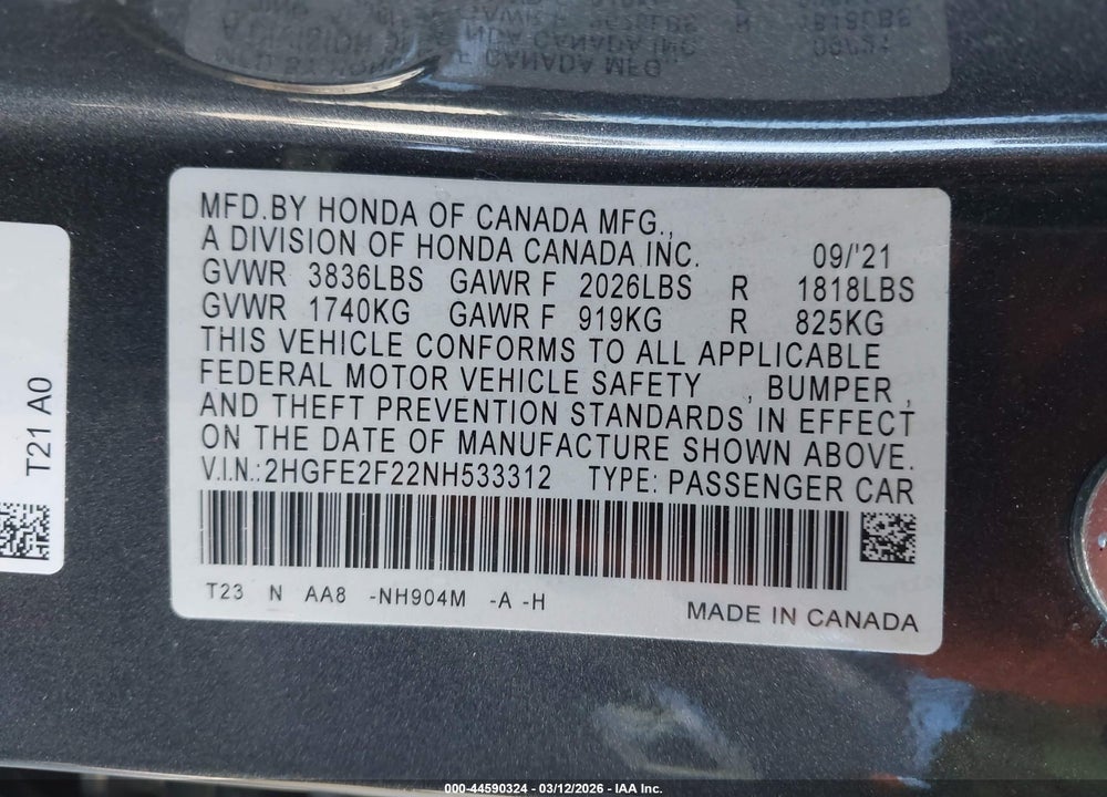 2022 HONDA CIVIC LX VIN: 2HGFE2F22NH533312