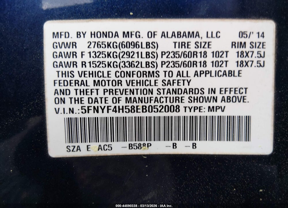 2014 HONDA PILOT EX-L VIN: 5FNYF4H58EB052008