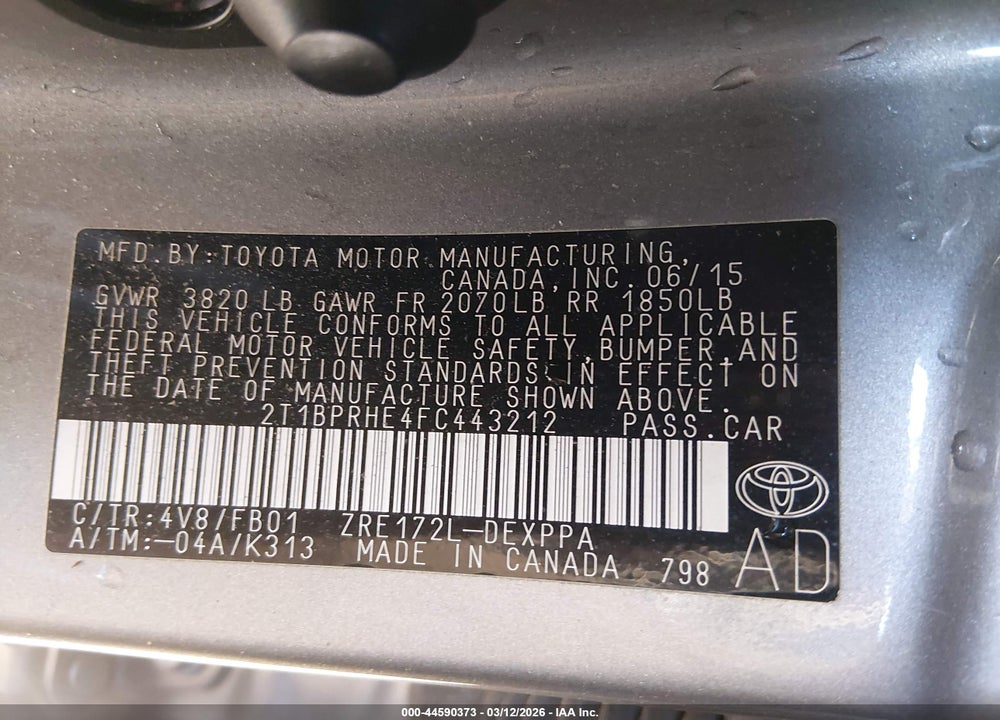 2015 TOYOTA COROLLA LE ECO PLUS VIN: 2T1BPRHE4FC443212