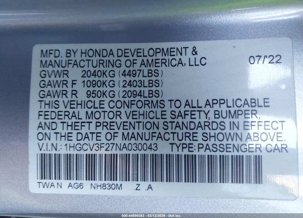 2022 HONDA ACCORD HYBRID SPORT VIN: 1HGCV3F27NA030043