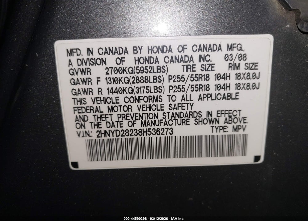 2008 ACURA MDX VIN: 2HNYD28238H536273