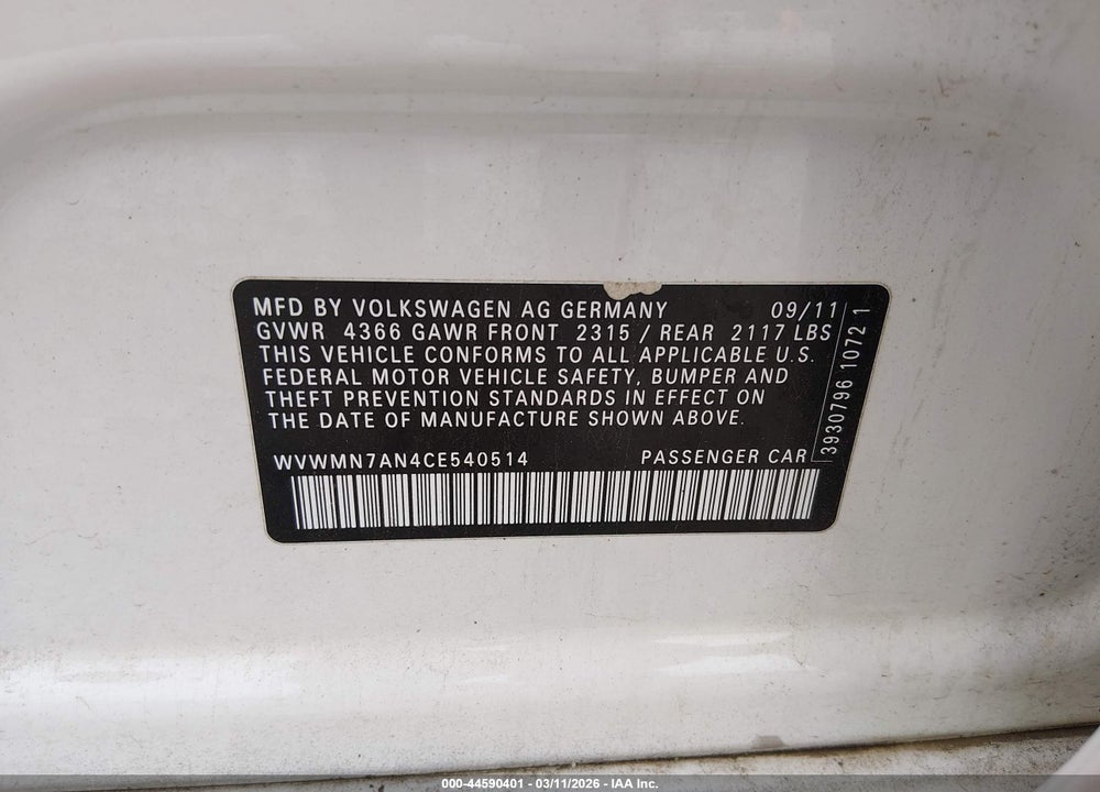 2012 VOLKSWAGEN CC R-LINE VIN: WVWMN7AN4CE540514