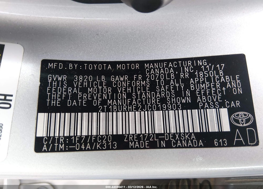 2018 TOYOTA COROLLA L VIN: 2T1BURHE2JC019903