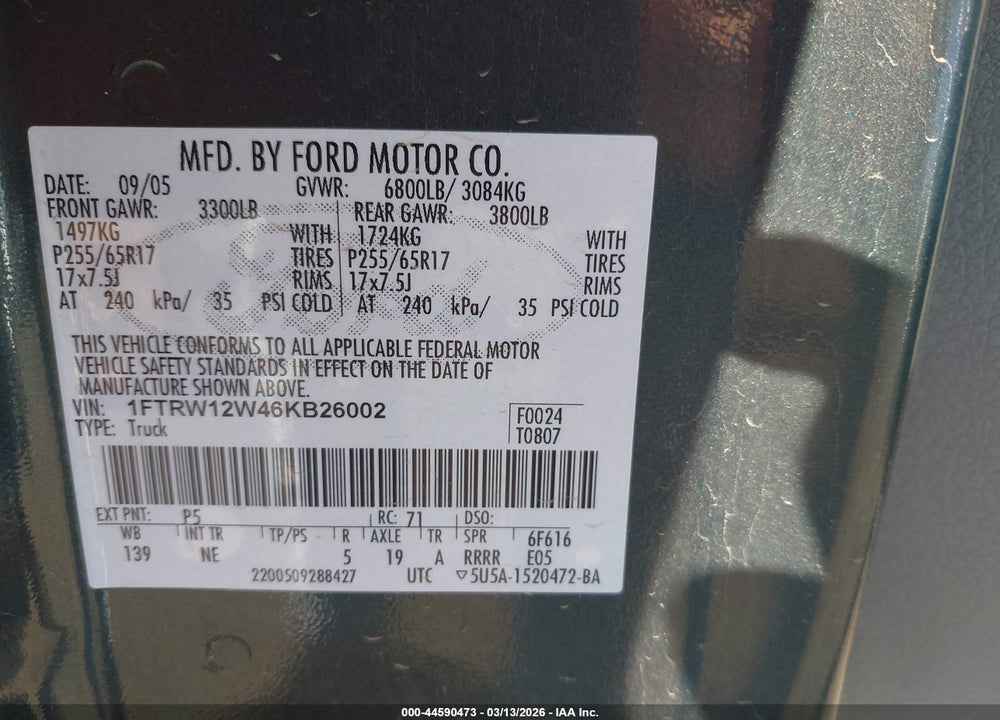 2006 FORD F-150 XLT VIN: 1FTRW12W46KB26002
