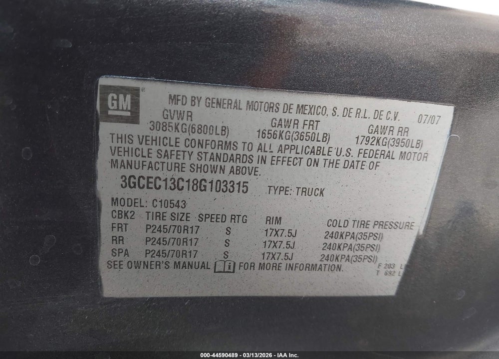 2008 CHEVROLET SILVERADO 1500 LT1 VIN: 3GCEC13C18G103315