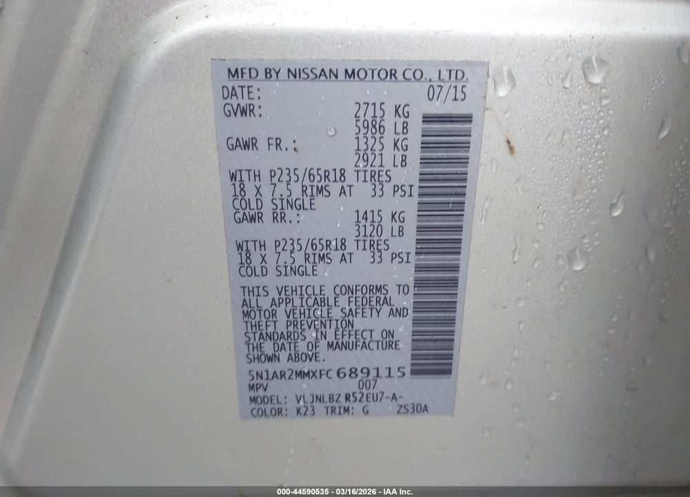 2015 NISSAN PATHFINDER S VIN: 5N1AR2MMXFC689115