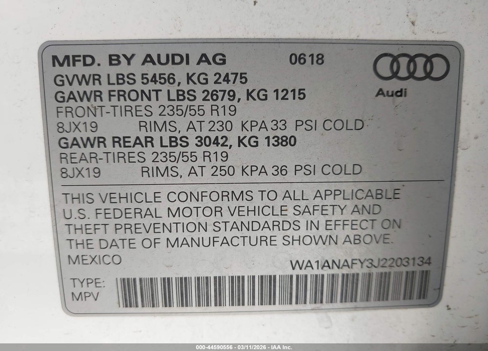 2018 AUDI Q5 2.0T PREMIUM/2.0T TECH PREMIUM VIN: WA1ANAFY3J2203134